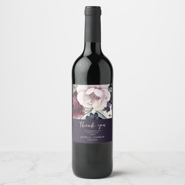 Burgundy Plum Lila Blumenwetter Hochzeit Weinetikett (Vorderseite)