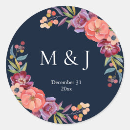Burgundy & Plum Navy Elegant Tropical Monogram V2 Runder Aufkleber