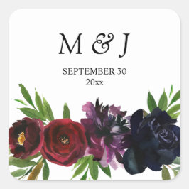 Burgundy Plum Navy Floral Monogram Quadratischer Aufkleber