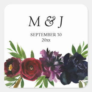 Burgundy Plum Navy Floral Monogram Quadratischer Aufkleber