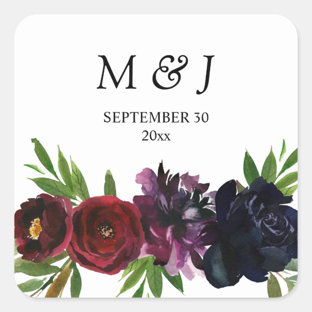 Burgundy Plum Navy Floral Monogram Quadratischer Aufkleber (Vorderseite)
