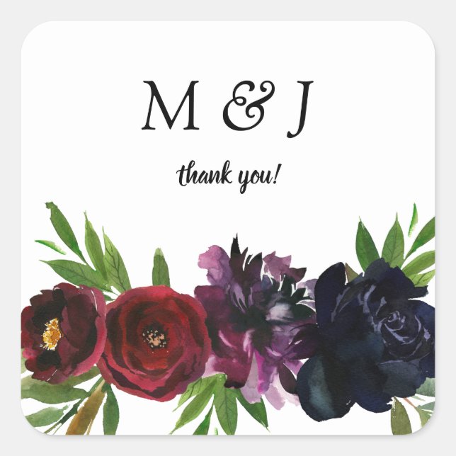 Burgundy Plum Navy Floral Monogram Vielen Dank Quadratischer Aufkleber (Vorderseite)