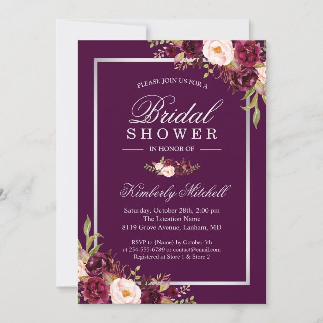 Burgundy Plum Purple Blumen Herbst Brautparty Einladung (Vorderseite)