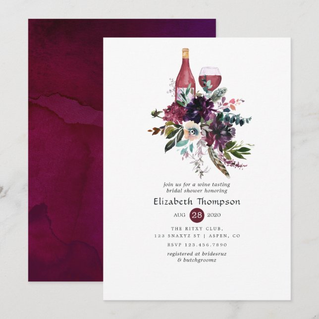 Burgundy Plum Red Wine Degustation Brautparty Einladung (Vorne/Hinten)