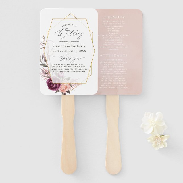 Burgundy Plum und Blush Floral Geometric Wedding Fächer (Vorne und Hinten)