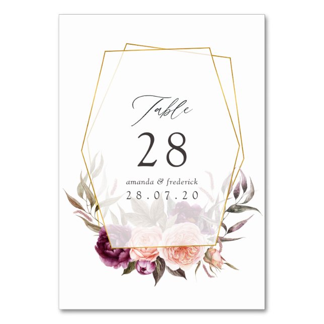 Burgundy Plum und Blush Floral Geometric Wedding Tischnummer (Vorderseite)