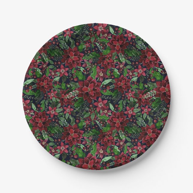 Burgundy Poinsettia Blume Wasserfarbe Pappteller (Vorderseite)