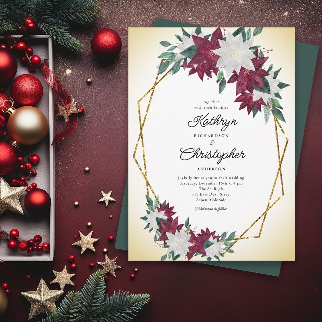 Burgundy Poinsettia Gold Frame Weihnachtsfeier Einladung (Von Creator hochgeladen)