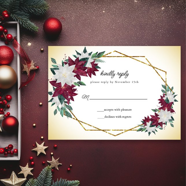 Burgundy Poinsettias Gold Frame Weihnachtsfeier RSVP Karte (Von Creator hochgeladen)