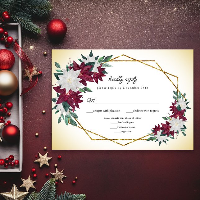 Burgundy Poinsettias Gold Frame Weihnachtsfeier RSVP Karte (Von Creator hochgeladen)