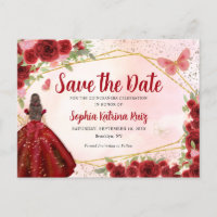 Burgundy Princess Floral Quinceañera Save the Date