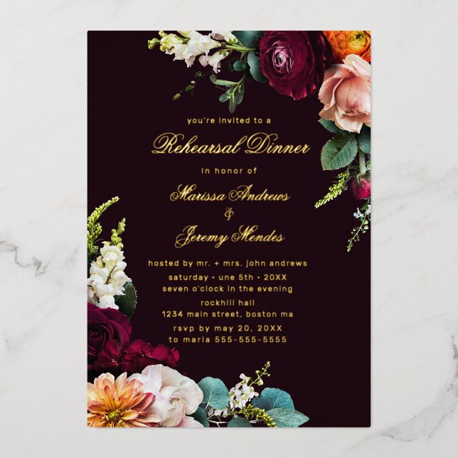 Burgundy Probe Calligrafy Dinner Gold Folieneinladung (Vorderseite)