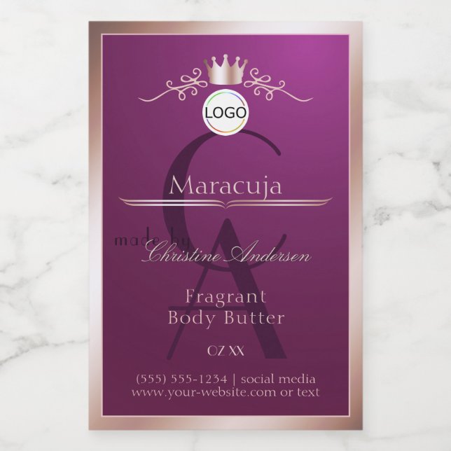 Burgundy Product Label Rose Gold Frame Monogram Lebensmitteletikett (Einzelnes Label)