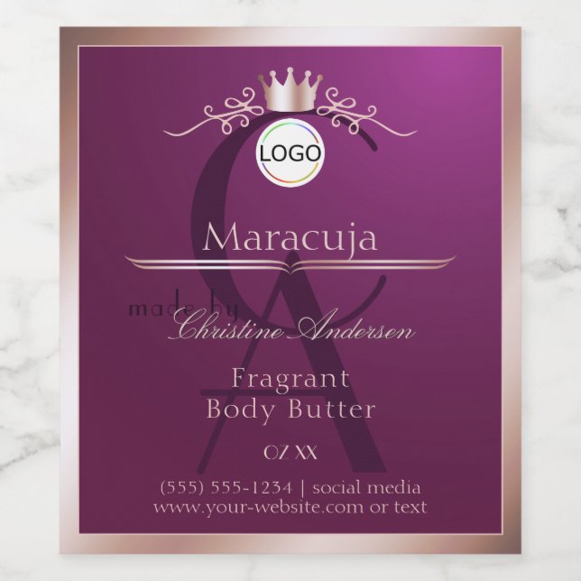 Burgundy Product Label Rose Gold Frame Monogram Weinetikett (Einzelnes Label)
