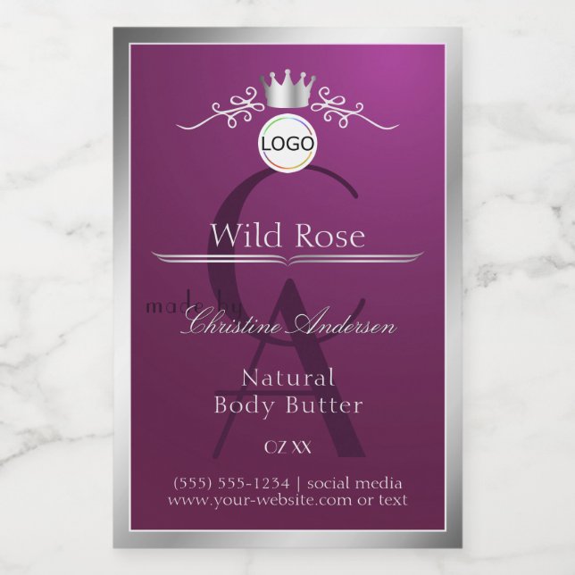 Burgundy Product Label Silver Frame Logo Monogram Lebensmitteletikett (Einzelnes Label)