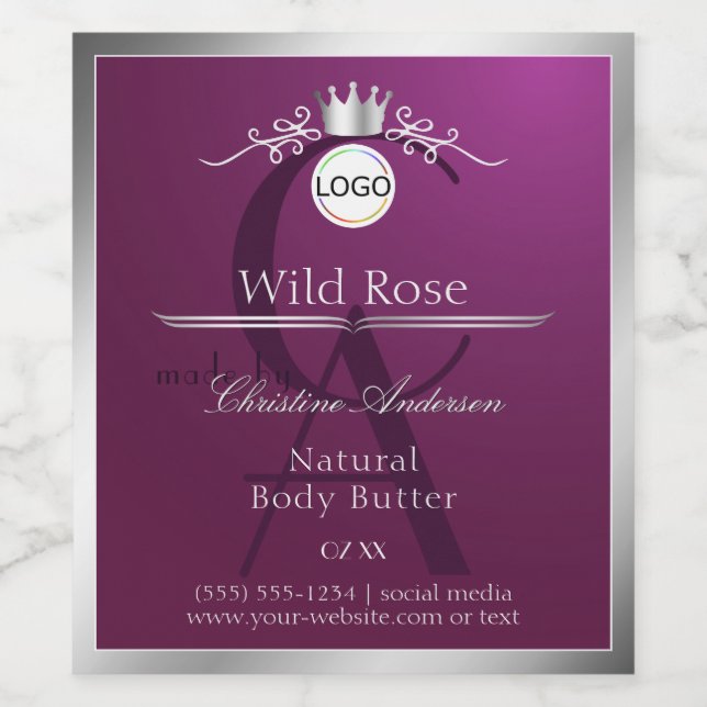 Burgundy Product Label Silver Frame Logo Monogram Weinetikett (Einzelnes Label)