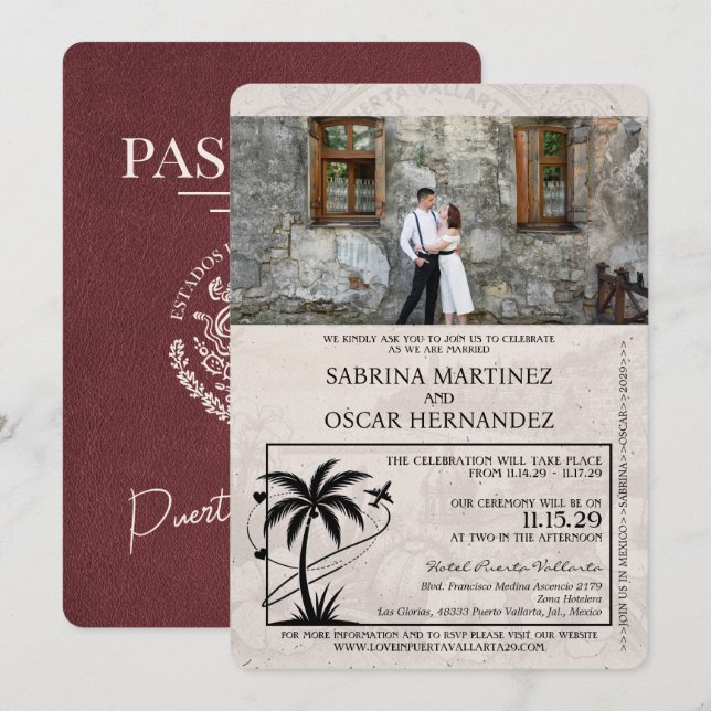 Burgundy Puerta Vallarta Passport Wedding Einladung (Vorne/Hinten)