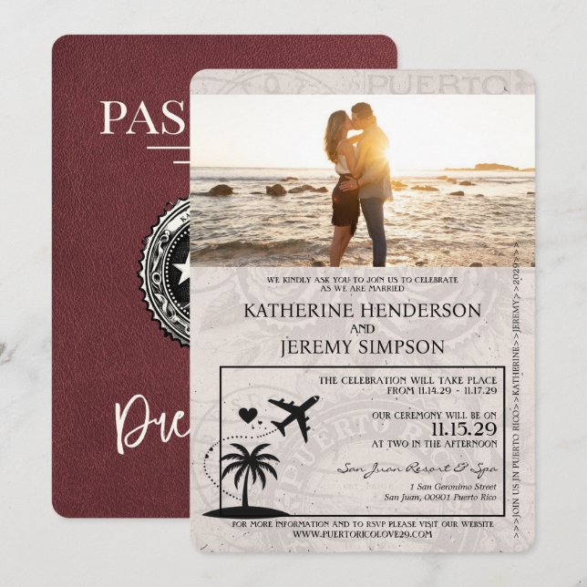 Burgundy Puerto Rico Passport Hochzeit Einladung (Vorne/Hinten)