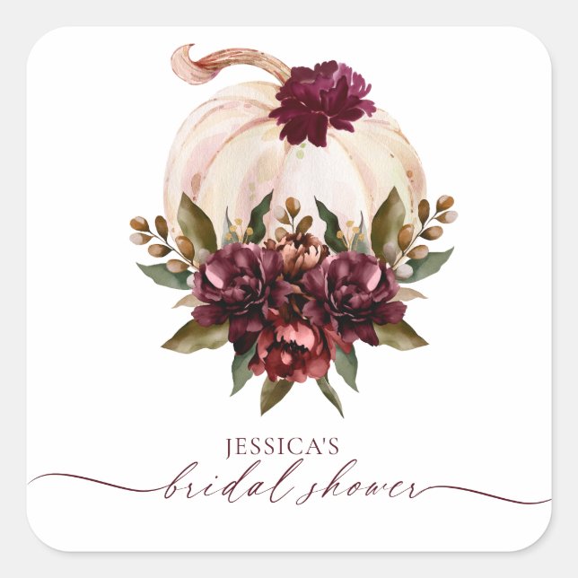 Burgundy Pumpkin Fall Liebe Brautparty einladen Quadratischer Aufkleber (Vorderseite)