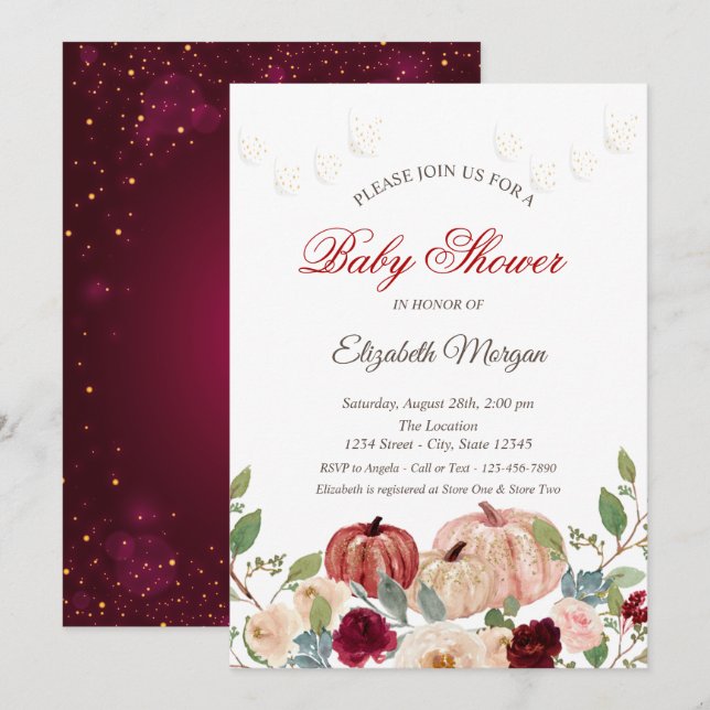 Burgundy Pumpkin, Lights, Blumenbaby-Dusche Einladung (Vorne/Hinten)