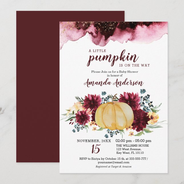Burgundy Pumpkin Rustic Baby Shower Einladung (Vorne/Hinten)