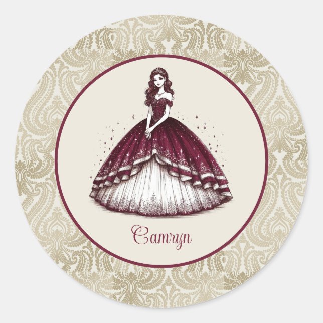 Burgundy Quinceañera Dress Runder Aufkleber (Vorderseite)