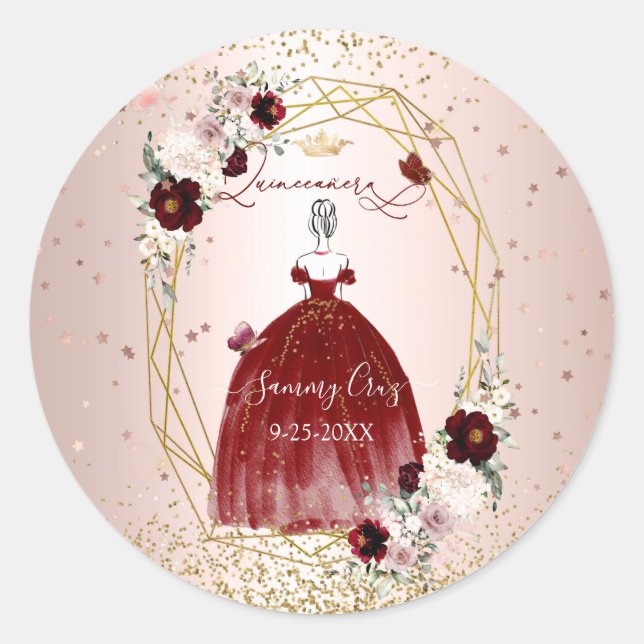 Burgundy Quinceanera H2 Blume Dusty Rose Blush Runder Aufkleber (Vorderseite)