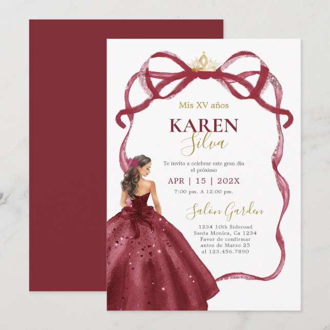 Burgundy Quinceanera Invitation (Devant / Derrière)