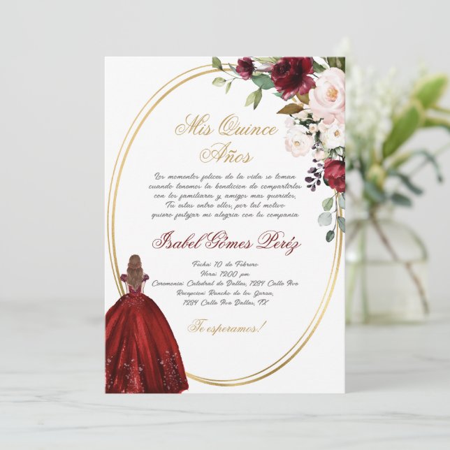Burgundy Quinceanera Silhouette Einladung (Stehend Vorderseite)