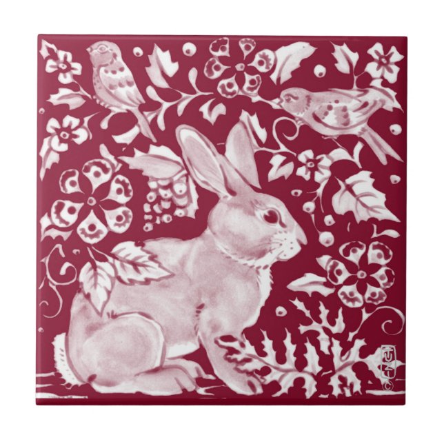 Burgundy Rabbit Bunny Birds Floral Dedham Delft Fliese (Vorderseite)