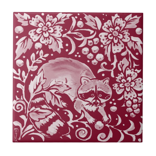 Burgundy Raccoon Wald Tier Floral Fliese (Vorderseite)