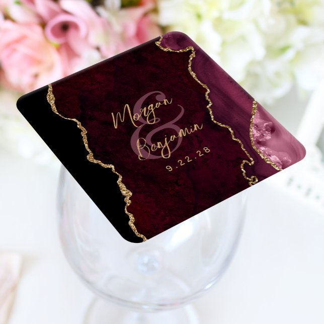 Burgundy Red Agate Gold Script Wedding Rechteckiger Pappuntersetzer (Von Creator hochgeladen)
