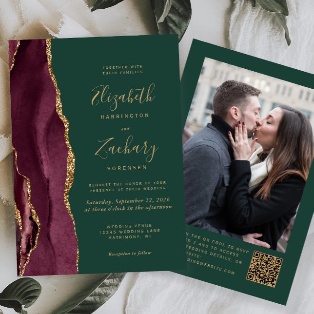 Burgundy Red Agate Green Photo QR Code Wedding Einladung (Von Creator hochgeladen)