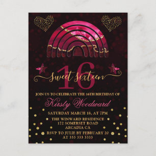 Burgundy Red Agate Rainbow & Hearts Sweet 16 Postkarte