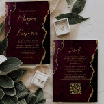 Burgundy Red Agate Script QR Code Wedding Einladung<br><div class="desc">Diese elegante Hochzeitseinladung zeigt ein Hintergrundbild des bordeauxroten Aquarelles, bestickt mit Imitaten goldenen Glitzer. Der anpassbare Text kombiniert goldfarbene moderne Handschrift, Copperplate und kursiven Schriftart. Die Rückseite bietet Platz für Hochzeitsdetails auf einem passenden bordeauxfarbenen Hintergrund, zusammen mit einem QR-Code, den die Gäste scannen können, um Ihre Website und UAWG zu...</div>
