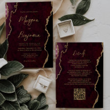 Burgundy Red Agate Script QR Code Wedding