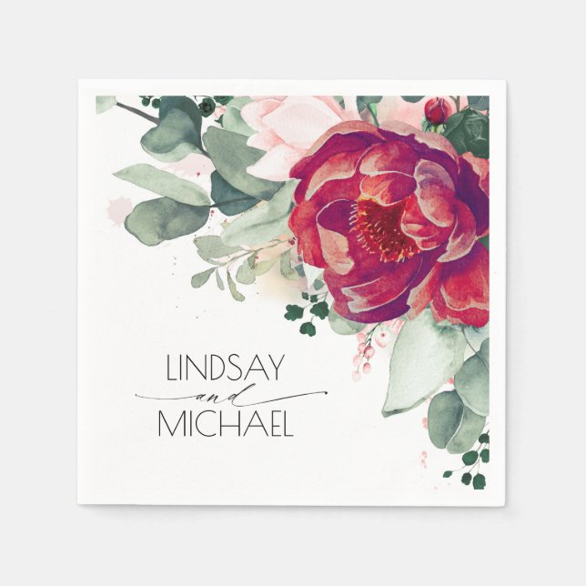 Burgundy Red and Blush Floral Elegant Serviette (Vorderseite)