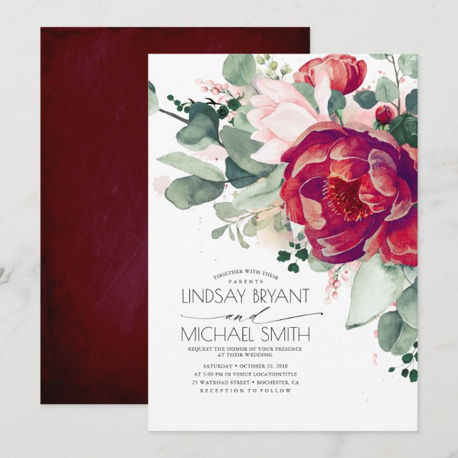 Burgundy Red and Blush Floral Elegantes Boho Weddi Einladung (Vorne/Hinten)
