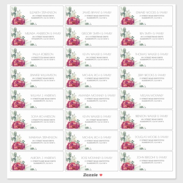 Burgundy Red and Blush Guest Names Address Labels (Blatt)