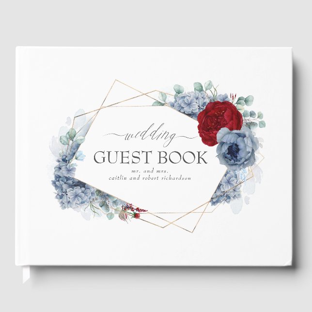 Burgundy Red and Dusty Blue Floral Wedding Gästebuch (Vorderseite)