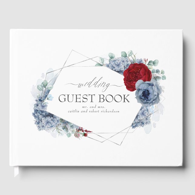 Burgundy Red and Dusty Blue Floral Wedding Gästebuch (Vorderseite)