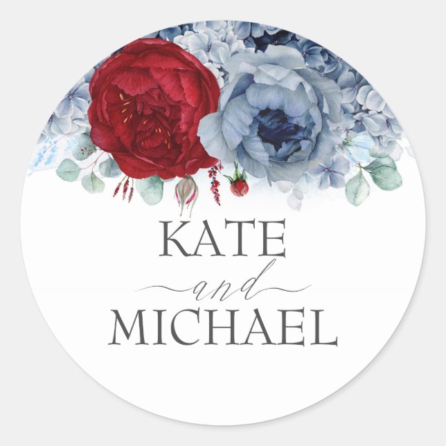 Burgundy Red and Dusty Blue Floral Wedding Runder Aufkleber (Vorderseite)