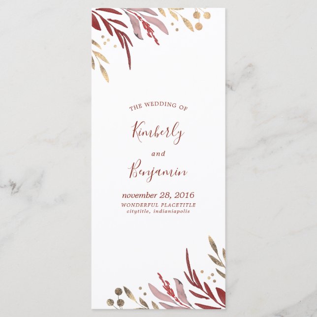 Burgundy Red and Gold Elegante Hochzeitsprogramme Programm (Vorderseite)