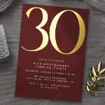 Burgundy Red and Gold | Luxe Maroon 30. Geburtstag Folieneinladung<br><div class="desc">30. Geburtstagseinladungen im modernen Stil mit einer großen Überschrift "30" in echter metallischer Folie. Ihre Veranstaltungsdetails werden unten in einem matten weißen Schriftart gedruckt. Unisex Design mit goldenen Akzenten auf einem dunkelburgundischen Rot. (Hintergrundfarben können mit dem Design-Tool geändert werden. Sie können auch die Art der metallischen Folie ändern.)</div>