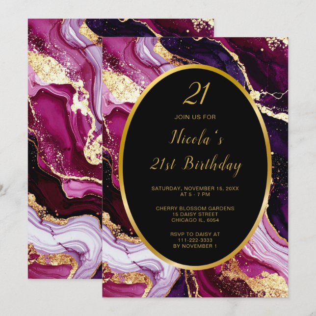 Burgundy Red and Gold Marble Agate Birthday Party Einladung (Vorne/Hinten)