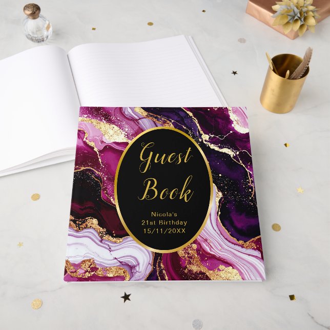 Burgundy Red and Gold Marble Agate Birthday Party Gästebuch (Vorderseite offen)