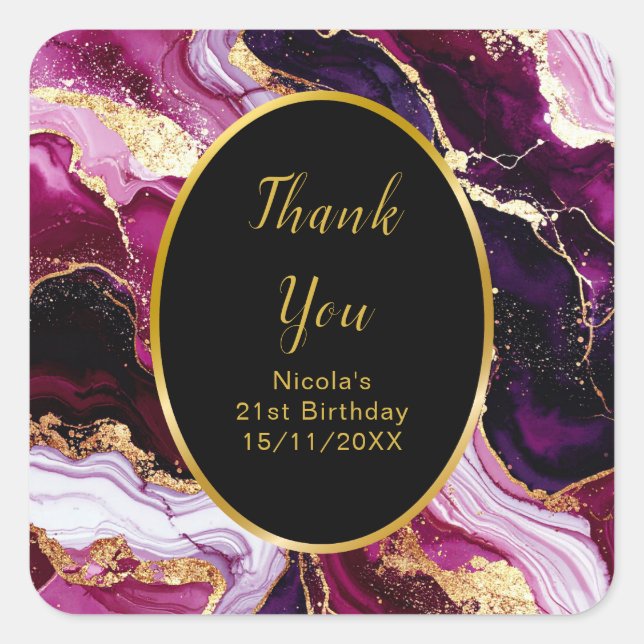 Burgundy Red and Gold Marble Agate Birthday Party Quadratischer Aufkleber (Vorderseite)