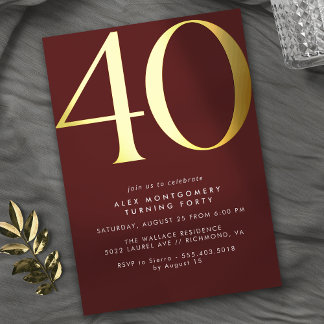 Burgundy Red and Gold | Moderner Luxe 40. Geburtst Folieneinladung