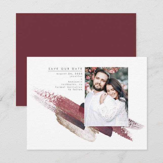 Burgundy Red and Gold Modernes Save the Date Foto (Vorne/Hinten)