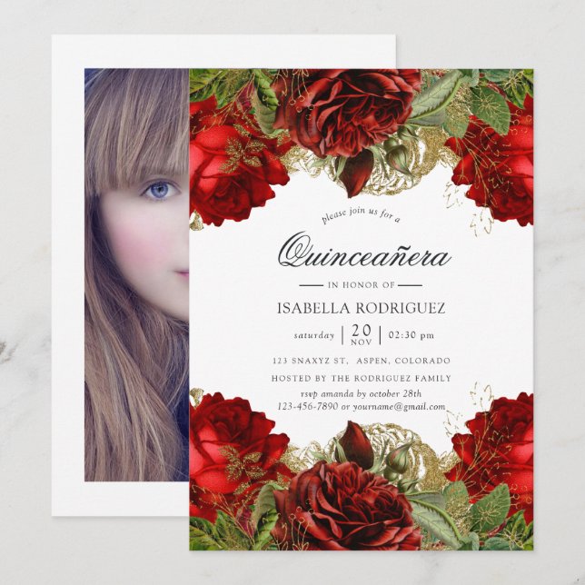 Burgundy Red and Gold Vintage Rose Quinceañera Einladung (Vorne/Hinten)
